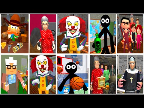 Caught Battle Part 22 - Craft Granny, Clown Neighbor, Stickman Neighbor, Nun Neighbor, Cowboy & more