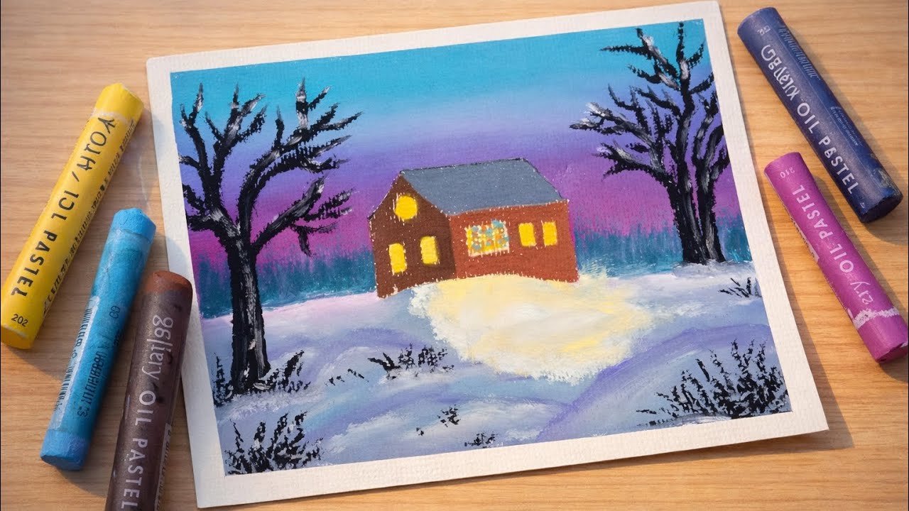 Nature Scenery | Snowy House Landscape scenery | Oil Pastels Art Tutorial for beginners 