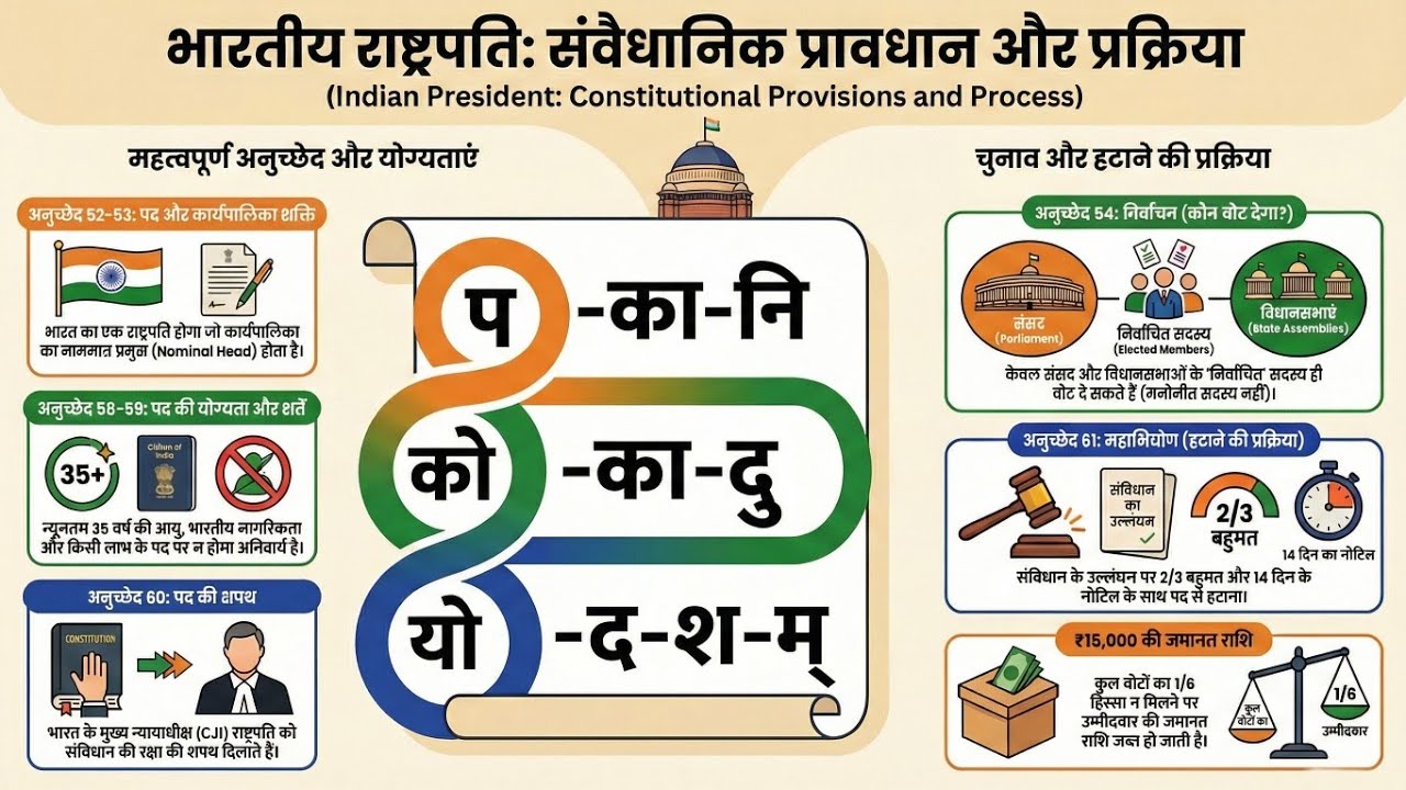 भारत का राष्ट्रपति (Part-1) - अनुच्छेद 52-61 Tricks | Election & Impeachment