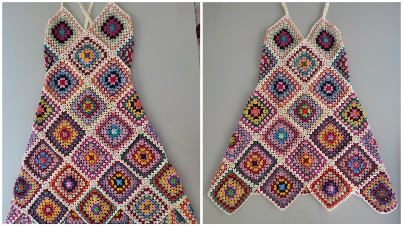 vestido de crochê com Square aproveitando sobras de linhas (Saída de praia) PARTE 2
