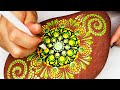 Time Lapse Oval Red Rock Mandala Painting in Green and Yellow dots for Beginners