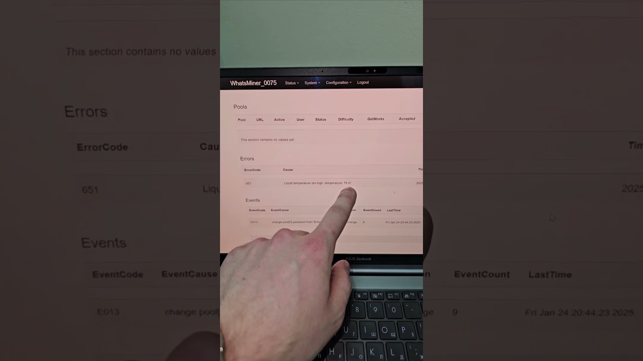 Whatsminer M64. При t жидкости на входе в асик +75°С (LiquidTemp), ошибка 651, прекращает майнинг.