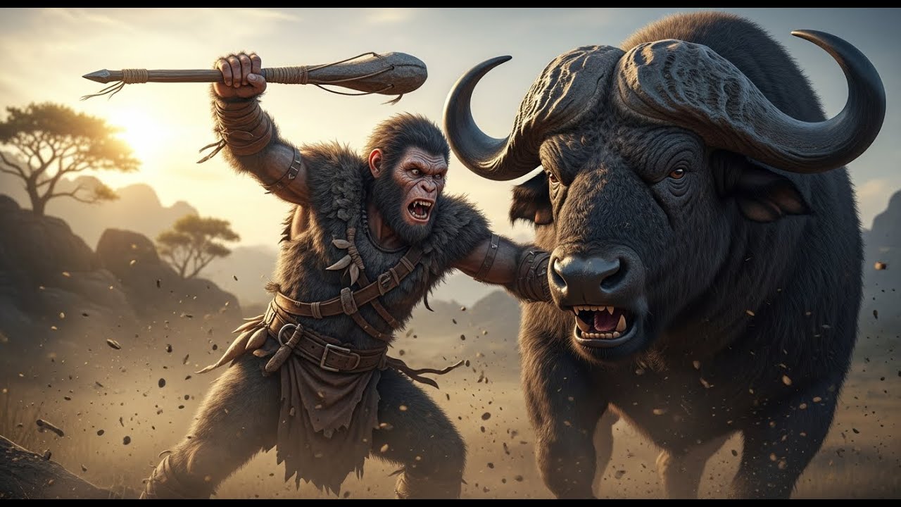 Life Millions of Years Ago The ancient ape-man fights a wild buffalo in an Epic Struggle