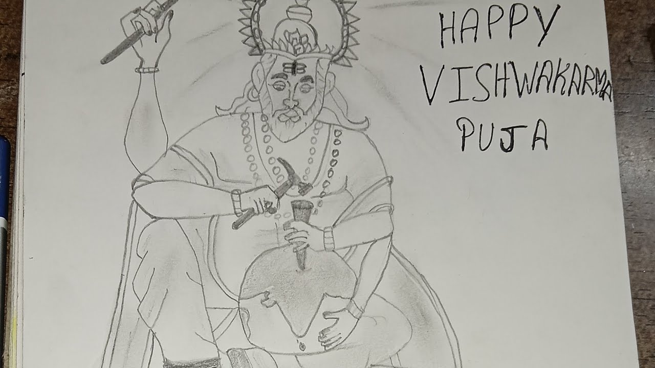 Drawing on topic Vishwakarma Puja with pencil shading. 