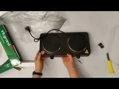 Настільна плита електрична ViLgrand VHP152F на дві чавунні конфорки коричнева 1000 Вт компактна переносна для будинку дачі, видео 1