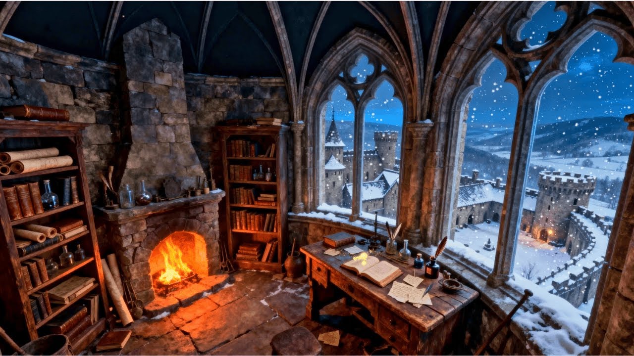 Calm Fireplace Jazz with Snowfall | Cozy Library Ambience for Reading & Relaxing