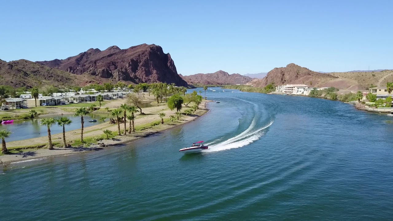 Drone Scenic Aerial View of Boats, Jet Skis & Colorado River - River Lodge Resort, Parker Dam, CA