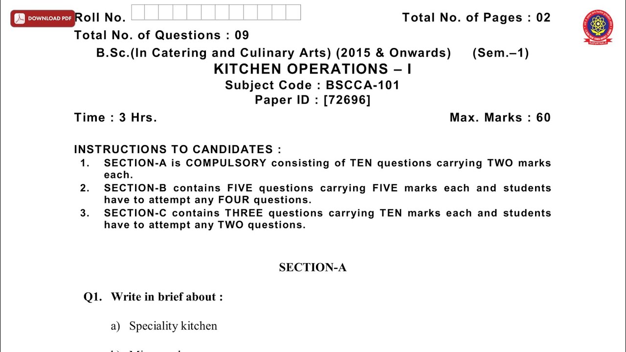 BSC CCA 1ST SEM KITCHEN OPERATIONS 1ST DEC 2018 | PTU