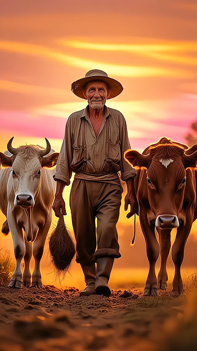 A Farmer Is Cultivating Rice In Ihe Field And Then Grazing Cows.