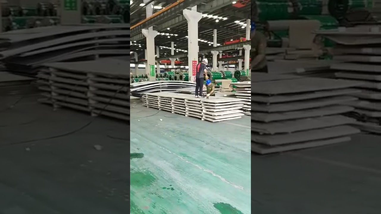 Stainless steel hot rolled steel plate in stock inventory display.