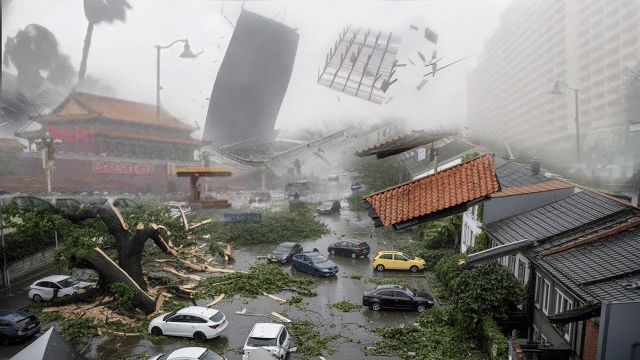 Китай: тайфун Комай переворачивает грузовики, сносит крыши, град опустошает Чэнду.