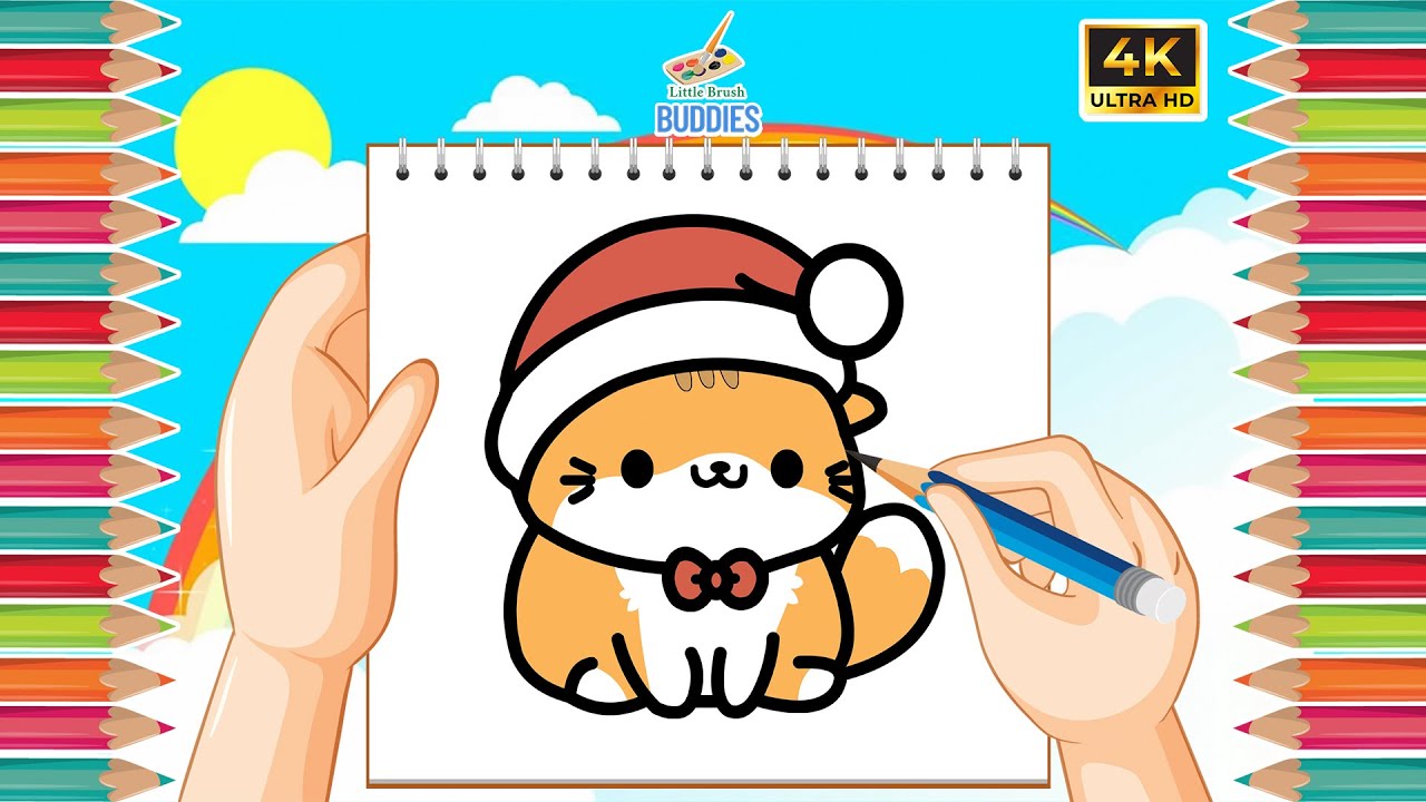 Как нарисовать милого рождественского кота в шапке Санты 🎅🐱 | Простой рисунок для детей | Кавайно...