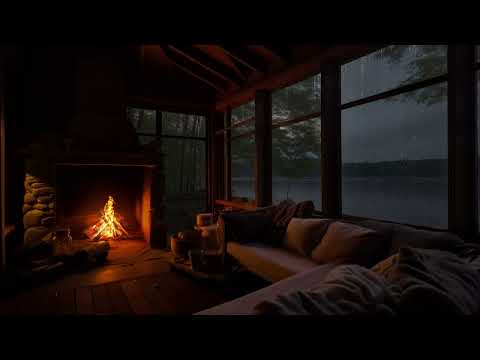 Rainy Night Cabin Ambience | Warm Fireplace for Sleep and Relaxation