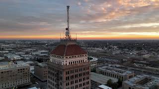 360 Degree view of the Security Bank Building in Downtown Fresno, California at Sunset.