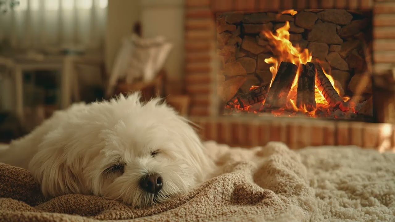 Piano & Fire Sounds | Sleepy Dog in Cozy Room | Fireplace | Deep Sleep | Fall Asleep Fast | No ADS
