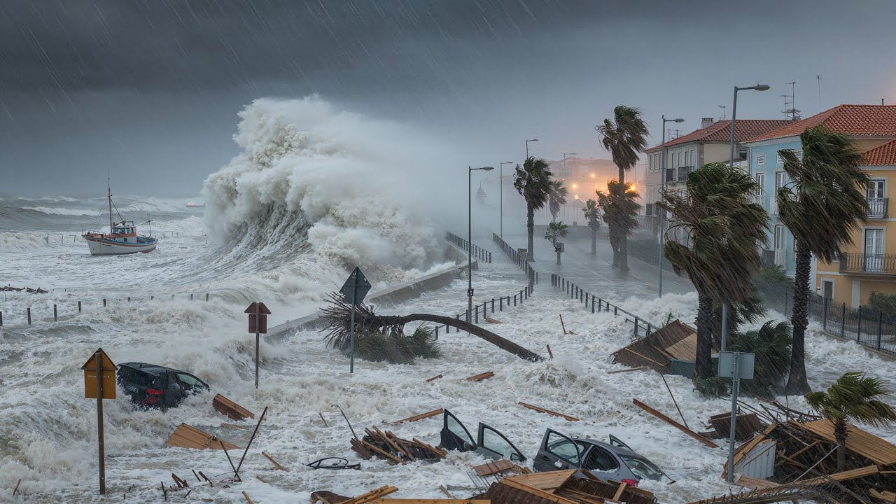 🌪️⛈️ Storm Kristin Hits Leiria, Portugal HARD — Cars Crushed, Homes Destroyed, City Paralyzed !
