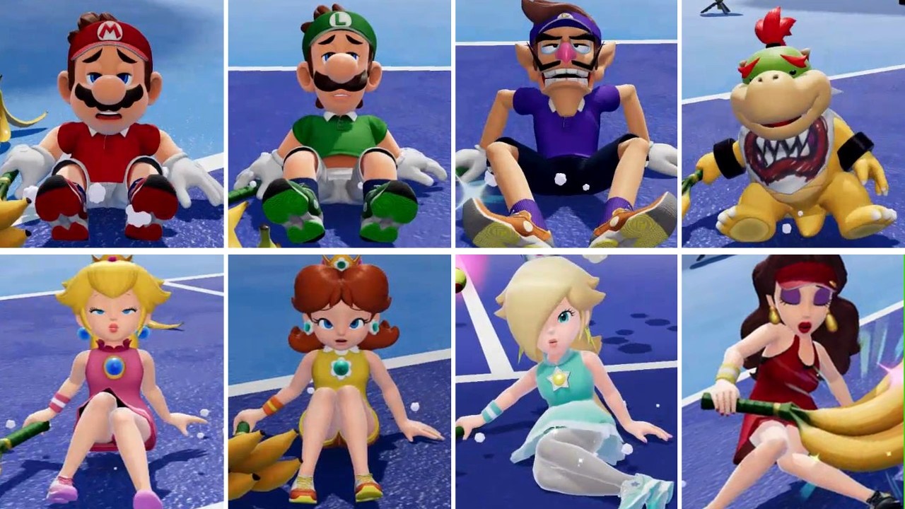 Mario Tennis Fever - All Characters Slipping on Banana Peel