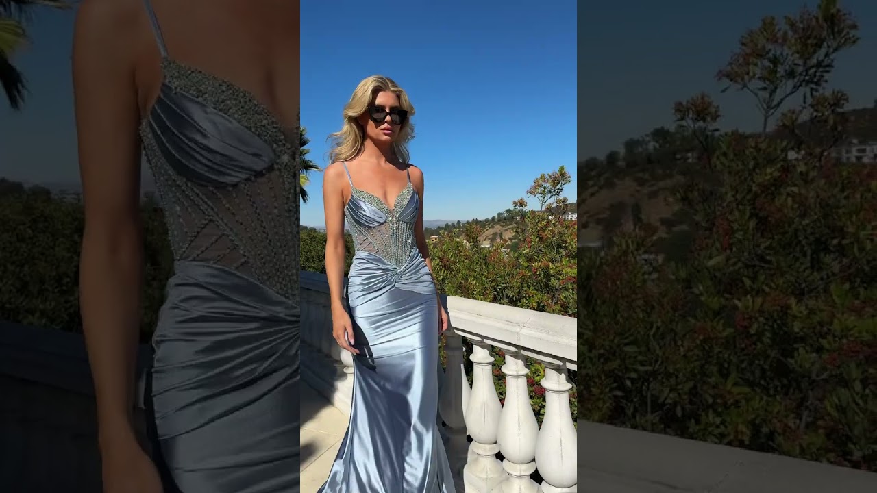 fitted satin dress CD752 in blue 🩵 from Ladivine 