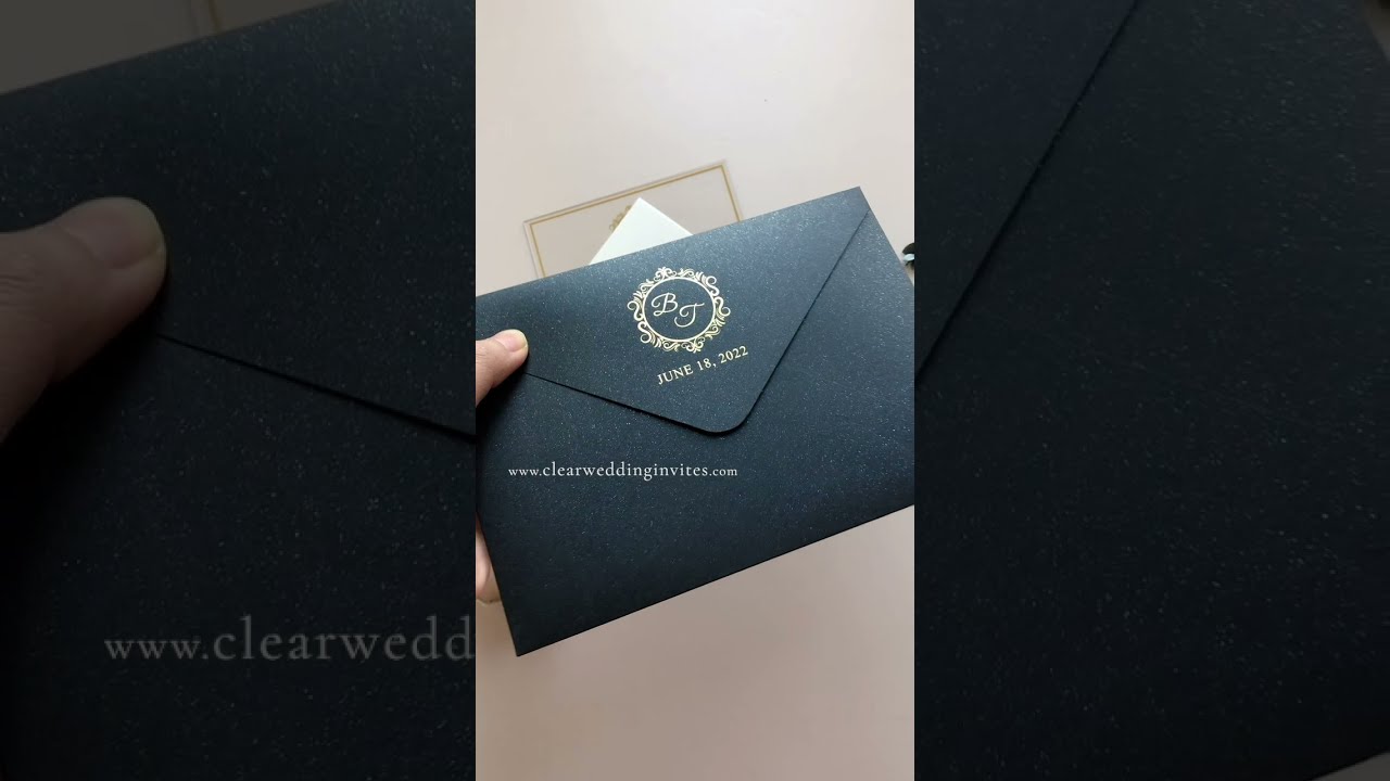 modern transparent acrylic clear wedding invites with gold foil envelope