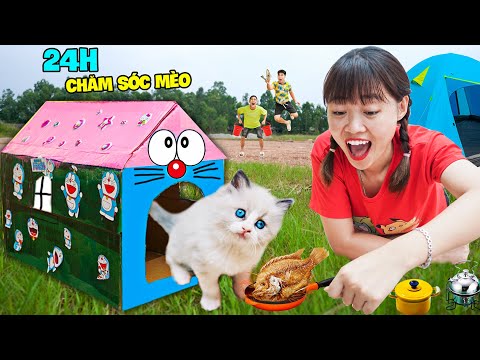 Hà Sam Thử Thách 24H Chăm Sóc Mèo – Làm Nhà Doraemon Với Hello Kitty Cho Em Mèo Min