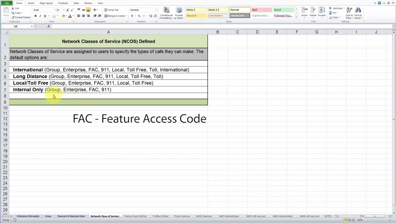 Mitel System Database Workshop Template Network Class of Service Tab