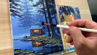 Misty Cabin Glow Acrylic Painting Time-Lapse