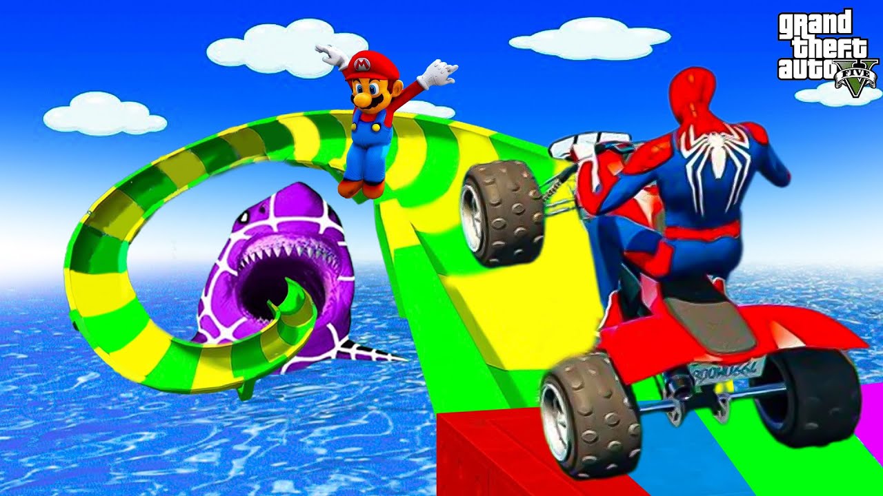 SPIDER-MAN Faces OFF In The MOST INSANE WATER SLIDE Challenge Ever🛴🤖 SUPERHERO Challenge race!