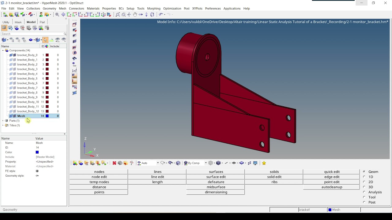 T1: 2.2-Which component is the active or current component-Altair HyperMesh 2020