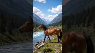 A thirsty horse went to# a mountain river to# drink water.