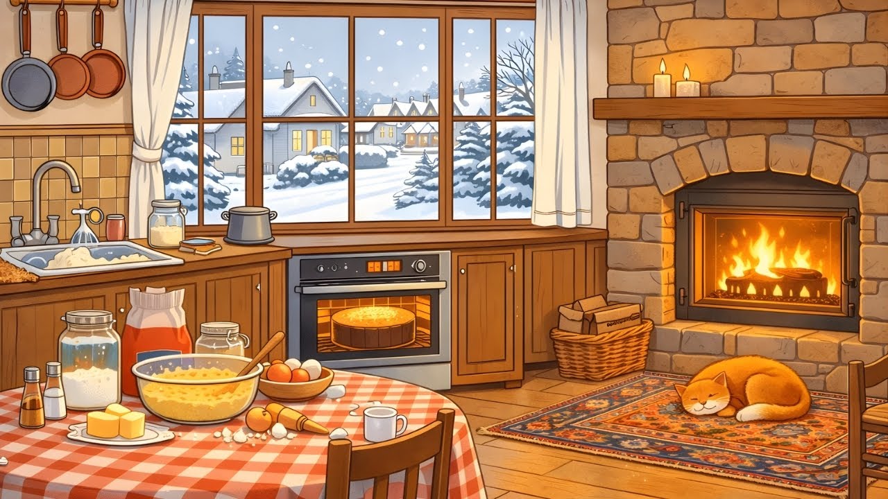 Cozy Winter Kitchen Ambience ❄️ Fireplace, Snow Outside & Relaxing Cabin Sounds