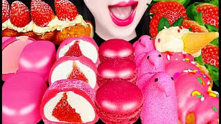 Asmr Pink Strawberry Dessert, Macaron, Marshmallows 핑크 딸기 디저트 먹방 Mukbang, Eating