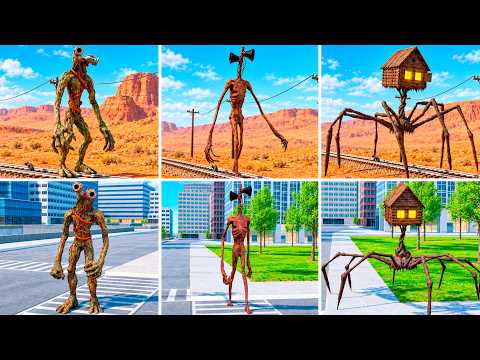 SIREN HEAD HOUSE HEAD PIPE HEAD VS TRAIN & CARS ON ROAD! TREVOR HENDERSON MONSTERS GMOD 3D ANIMATION
