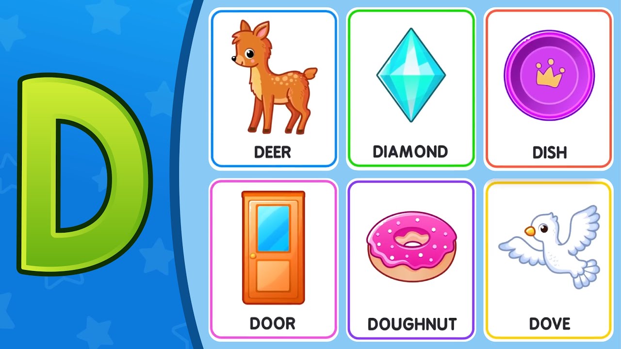 🦌 D for Deer 💎 D for Diamond 🚪 D for Door 🍩 D for Donut 🕊️ D for Dove | Flashcards | Popit Drawing