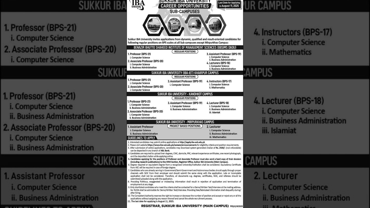 Sukkur IBA University announced Career Opportunities for its Sub-Campuses 