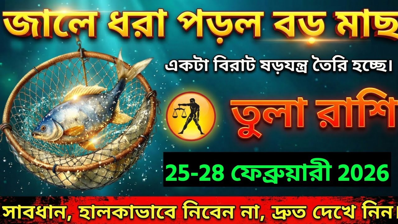 তুলা রাশি,২৫-২৮ ফেব্রুয়ারী ২০২৬ জালে একটা বড় মাছ ধরা পড়েছে, সাবধান, ডালের ডালে কিছু একটা মাছ আছে। 