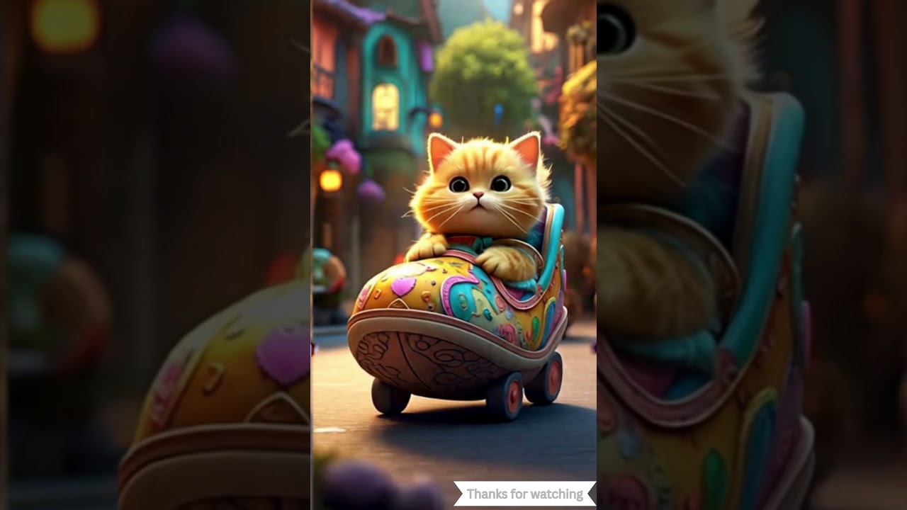 Yellow Cat Rides Giant Shoe Through Fantasy 