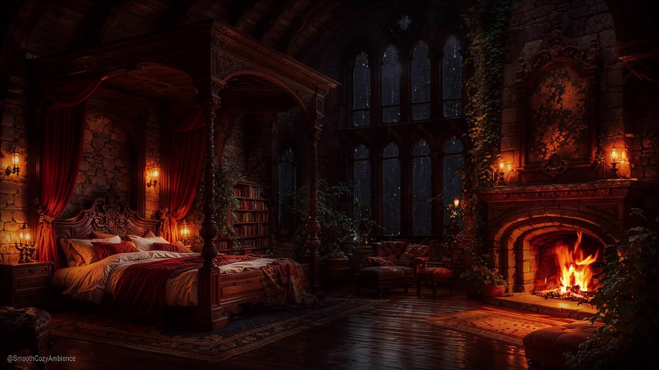 Sleep in a Castle While It Rains - Cozy Fireplace Ambience & Thunder Sounds
