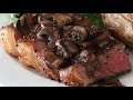 NY Strip Steak With Mushroom Sauce With Cream, Red Wine & Rosemary In Cast Iron Skillet
