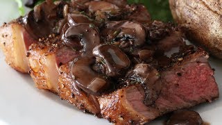 NY Strip Steak With Mushroom Sauce With Cream, Red Wine & Rosemary In Cast Iron Skillet