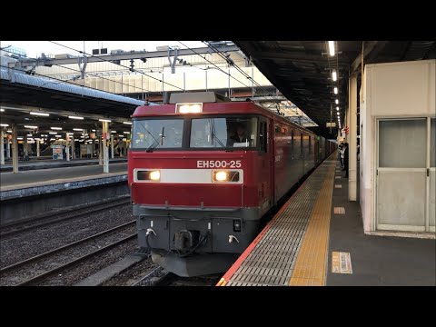【吊り掛け駆動音が凄い！】JR貨物EH500形25号機＋コキ多数が目の前で加速しつつゆっくり通過するシーン！！（2020.12.25）