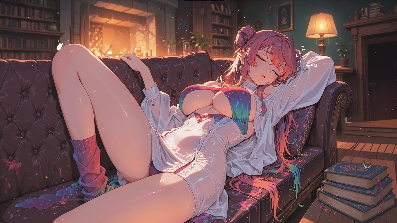 Pink Haired Girl Sleeping on Sofa in Library😴Dreamy Lofi Beats for Deep Sleep✨Drift Away Instantly