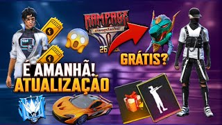É AMANHÃ! NOVA ATUALIZAÇÃO DO FREE FIRE, OURO ROYALE, EVENTO COM MOCHILA DE GRAÇA, EMOTE, NOVA SKIN