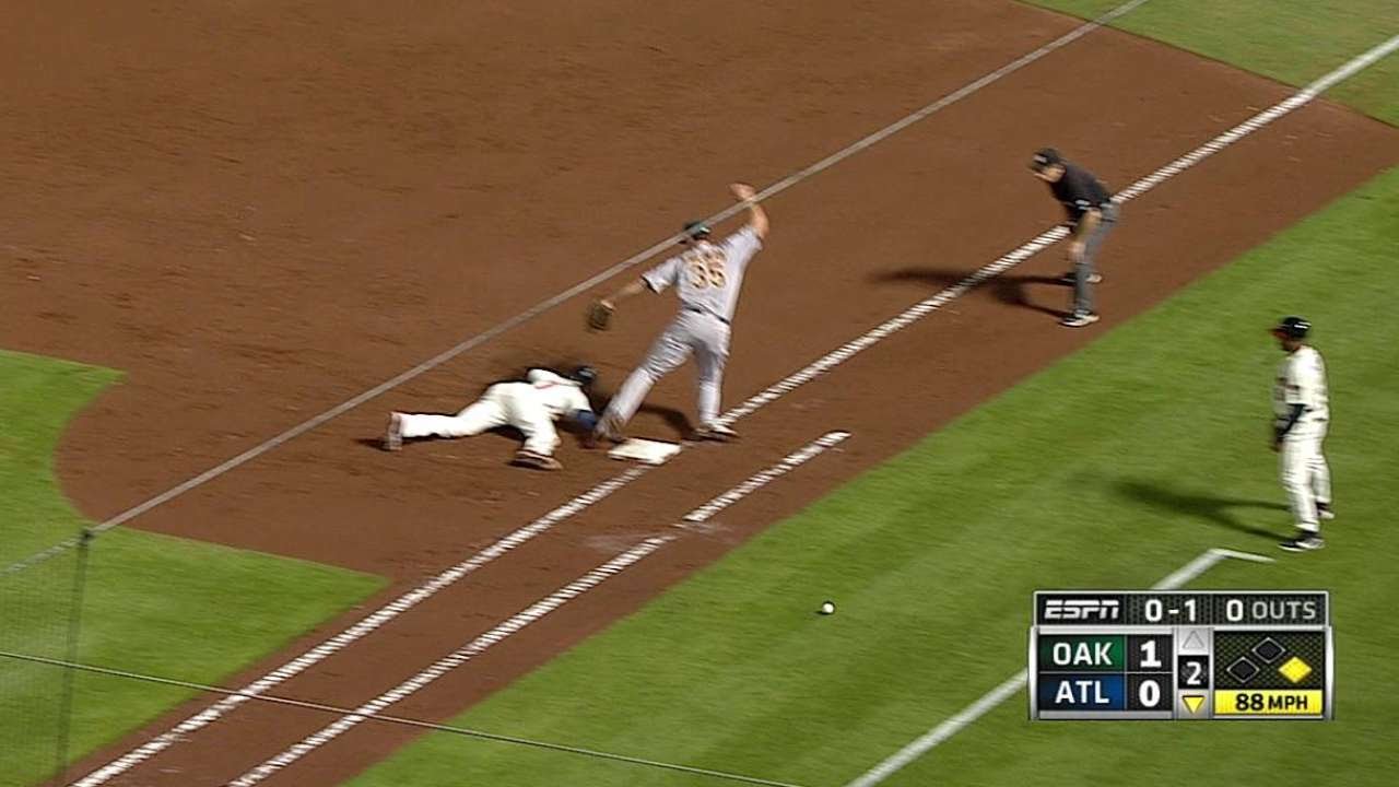 OAK@ATL: J. Upton advances to third base on an error