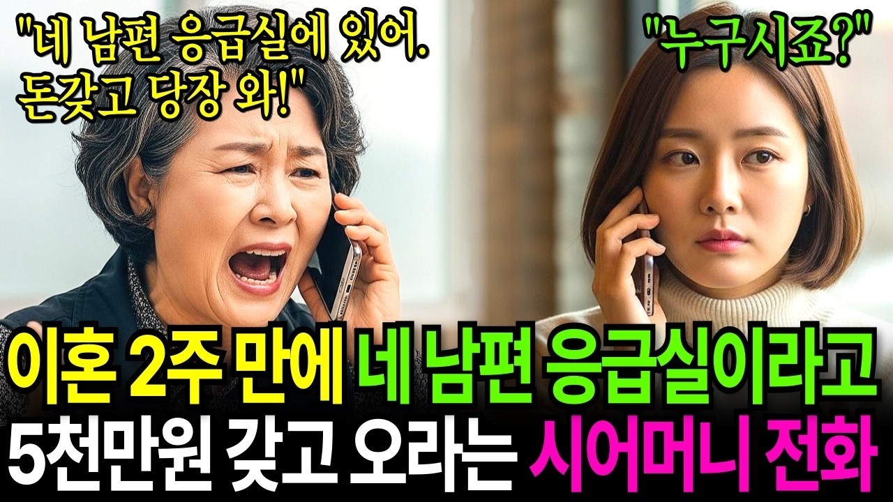 이혼 2주 만에 전 시어머니에게서 전화가 왔다   네 남편이 응급실에 있어  5천만 원 갖고 당장 와!  나는 비웃으며 되물었다   누구시죠