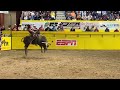 Hill College bull rider Cutter Kaylor gets thrown off Frontier Rodeo's He's Legit just before the