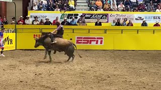 Hill College bull rider Cutter Kaylor gets thrown off Frontier Rodeo&#39;s He&#39;s Legit just before the