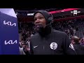 KD says, “We’re missing James (Harden) , so I felt like I had to pick up the scoring a little more.”
