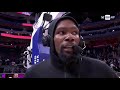 KD says, “We’re missing James (Harden) , so I felt like I had to pick up the scoring a little more.”