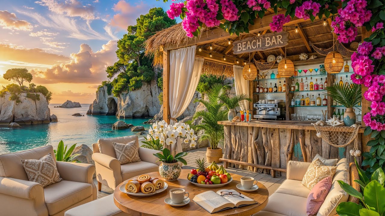 Расслабляющий пляжный бар с джазовой музыкой 🍹 | Атмосфера заката и океана | Спокойная джазовая м...
