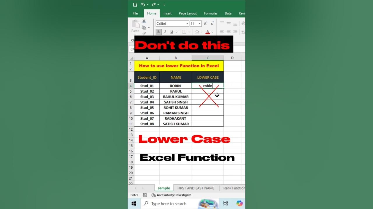 Lower case function in excel sheet excel msofficegyan office YouTube